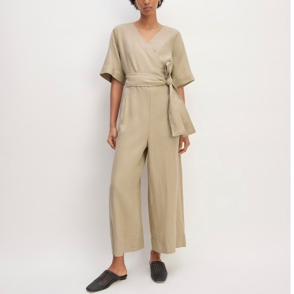 Everlane Womens Size 6 Flax Linen Blend Short Sleeve Jumpsuit Cropped Khaki‎ - Picture 2 of 14